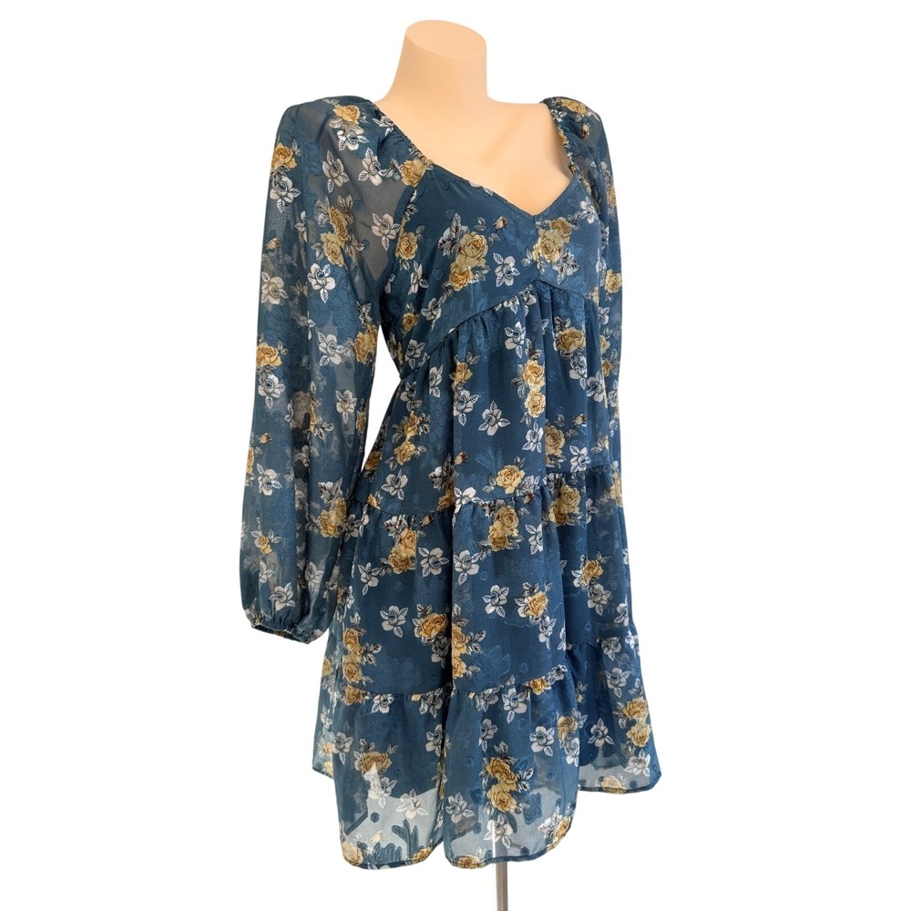 Baltic Born Lombard Tiered Dress Blue Gold Floral Cottagecore Boho Mini Medium - Picture 6 of 15